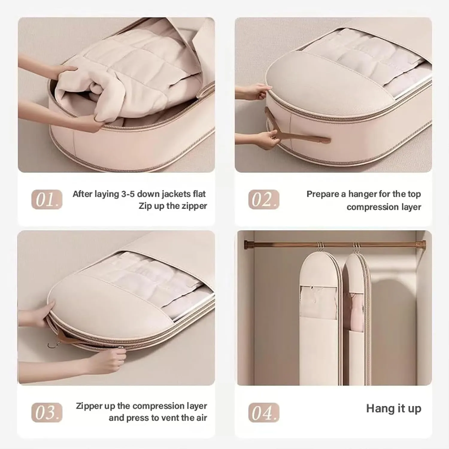 2025 Space Saving Hanging Garment Bag with Self Compression Zipper, Coat Storage Bag Hanging, Hanging Garment Bag, for Down Coat, For Closet Storage (Beige,M L XL)
