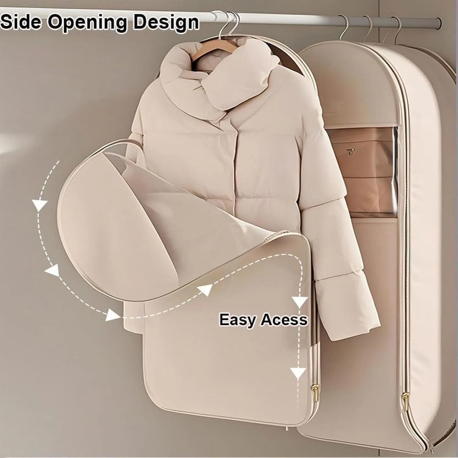 2025 Space Saving Hanging Garment Bag with Self Compression Zipper, Coat Storage Bag Hanging, Hanging Garment Bag, for Down Coat, For Closet Storage (Beige,M L XL)