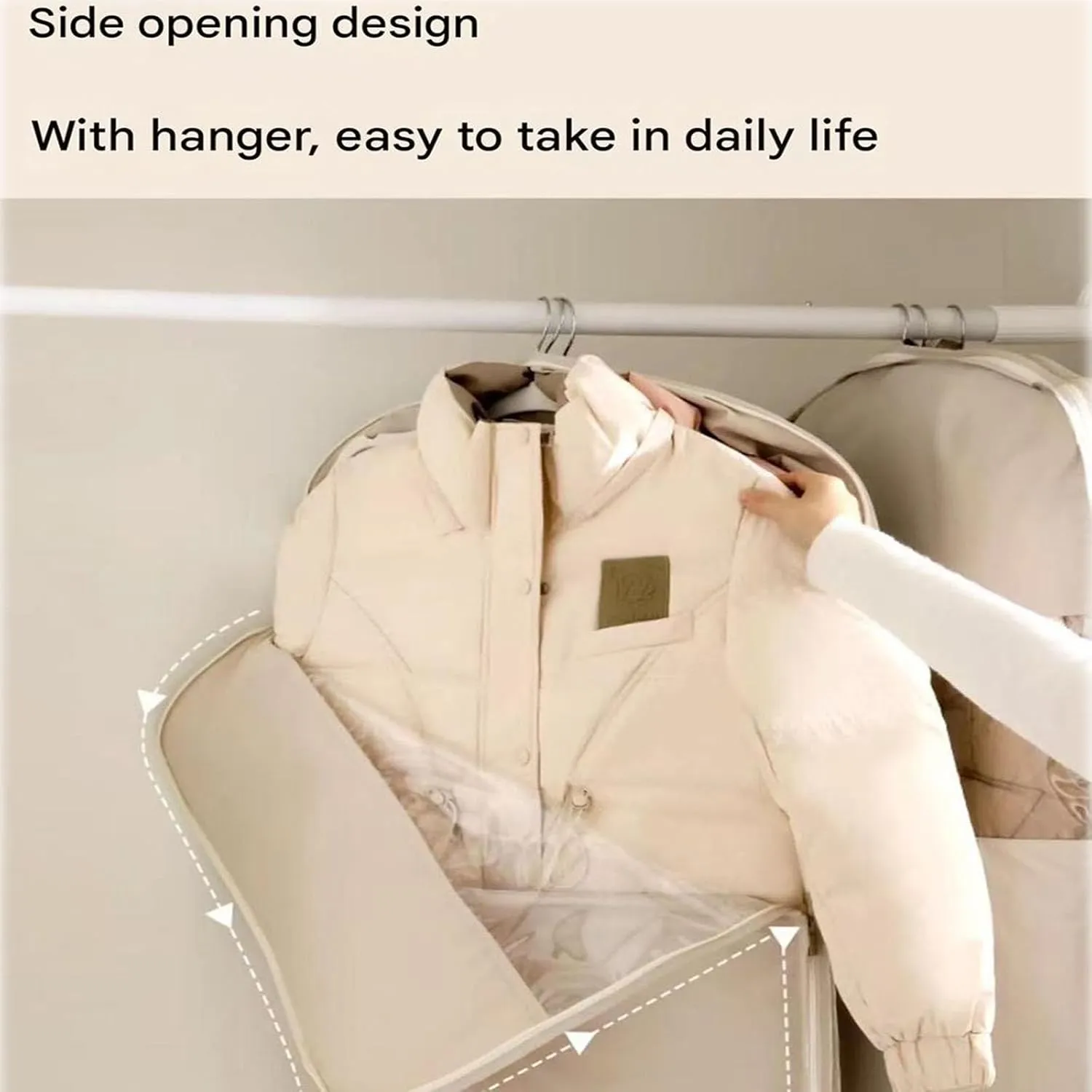 2025 Space Saving Hanging Garment Bag with Self Compression Zipper, Coat Storage Bag Hanging, Hanging Garment Bag, for Down Coat, For Closet Storage (Beige,M L XL)