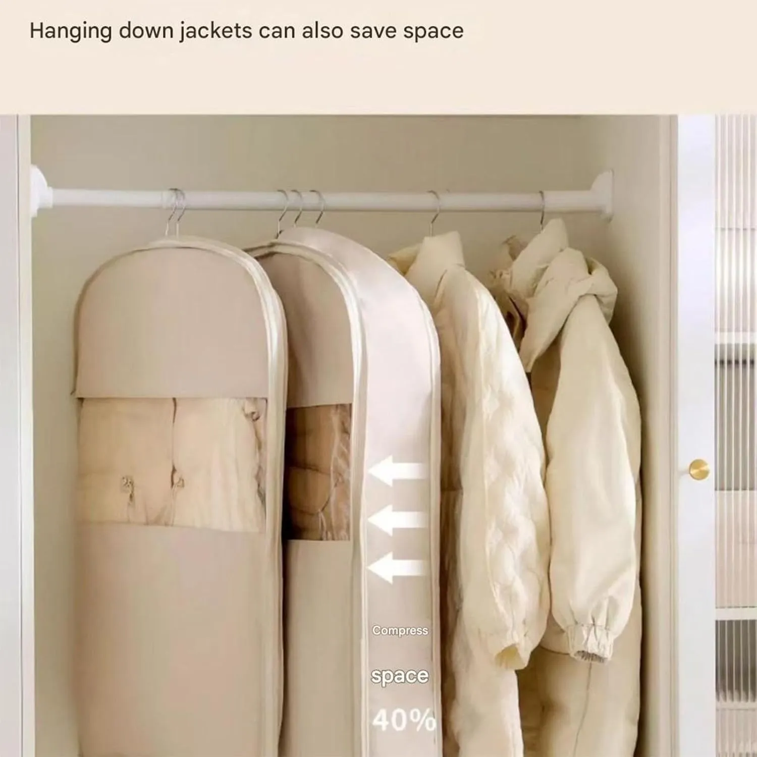 2025 Space Saving Hanging Garment Bag with Self Compression Zipper, Coat Storage Bag Hanging, Hanging Garment Bag, for Down Coat, For Closet Storage (Beige,M L XL)