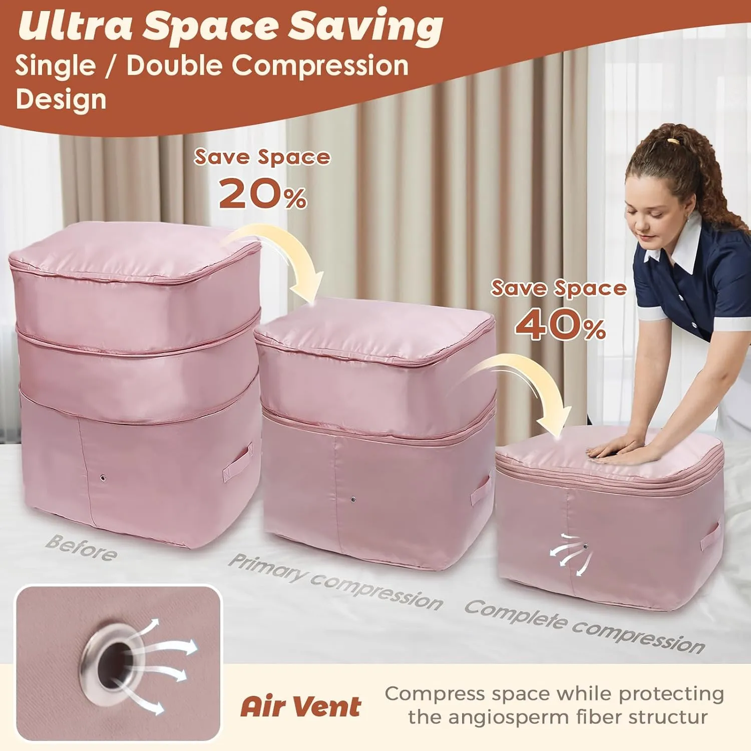2025 Ultra Space Saving Self Compression Organizers, 2 Pack Double Zipper Compression Packing Cubes for Bedding, Comforter Storage Bag for Blankets Duvet Quilts Pillows Queen King (Gray, X-Large)