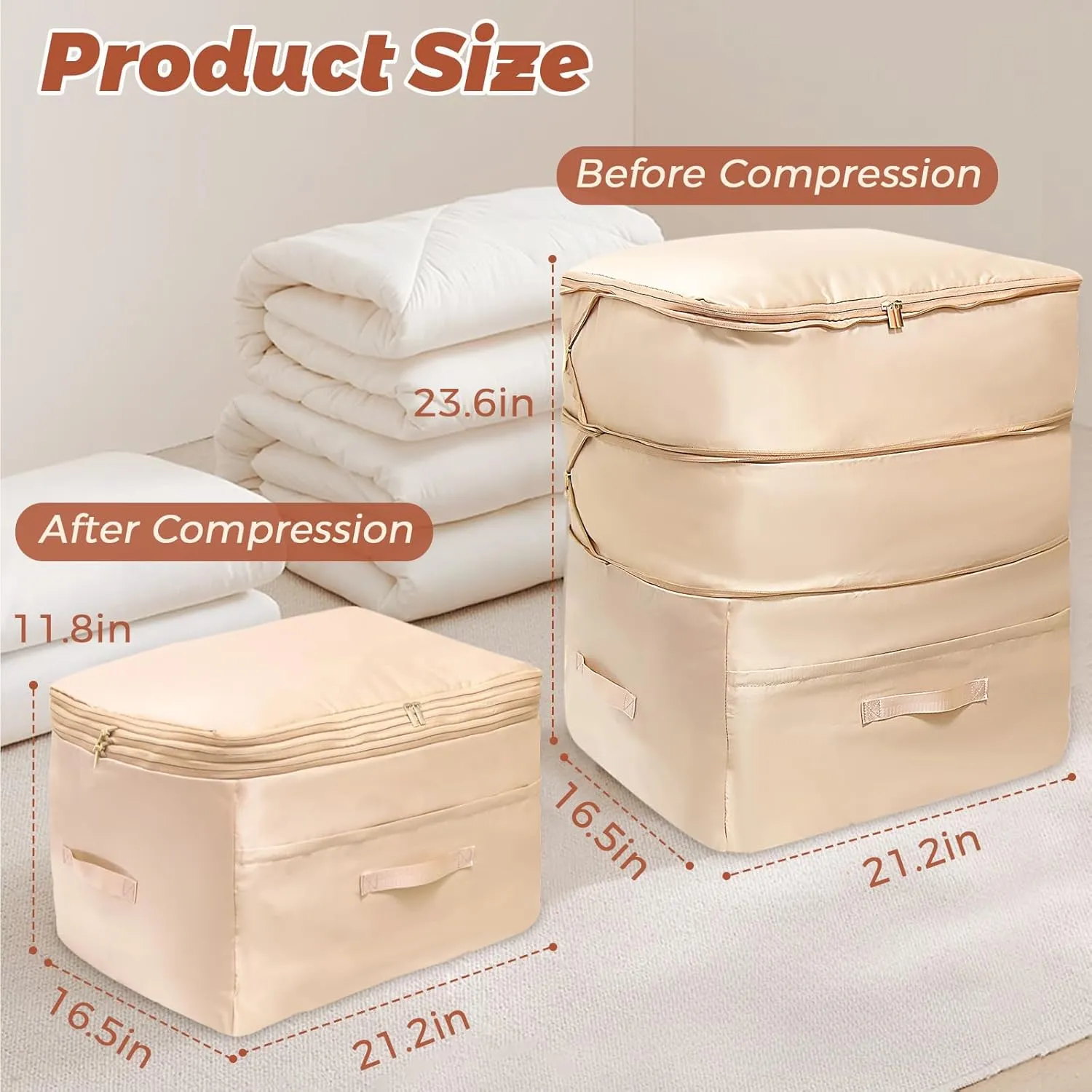 2025 Ultra Space Saving Self Compression Organizers, 2 Pack Double Zipper Compression Packing Cubes for Bedding, Comforter Storage Bag for Blankets Duvet Quilts Pillows Queen King (Gray, X-Large)