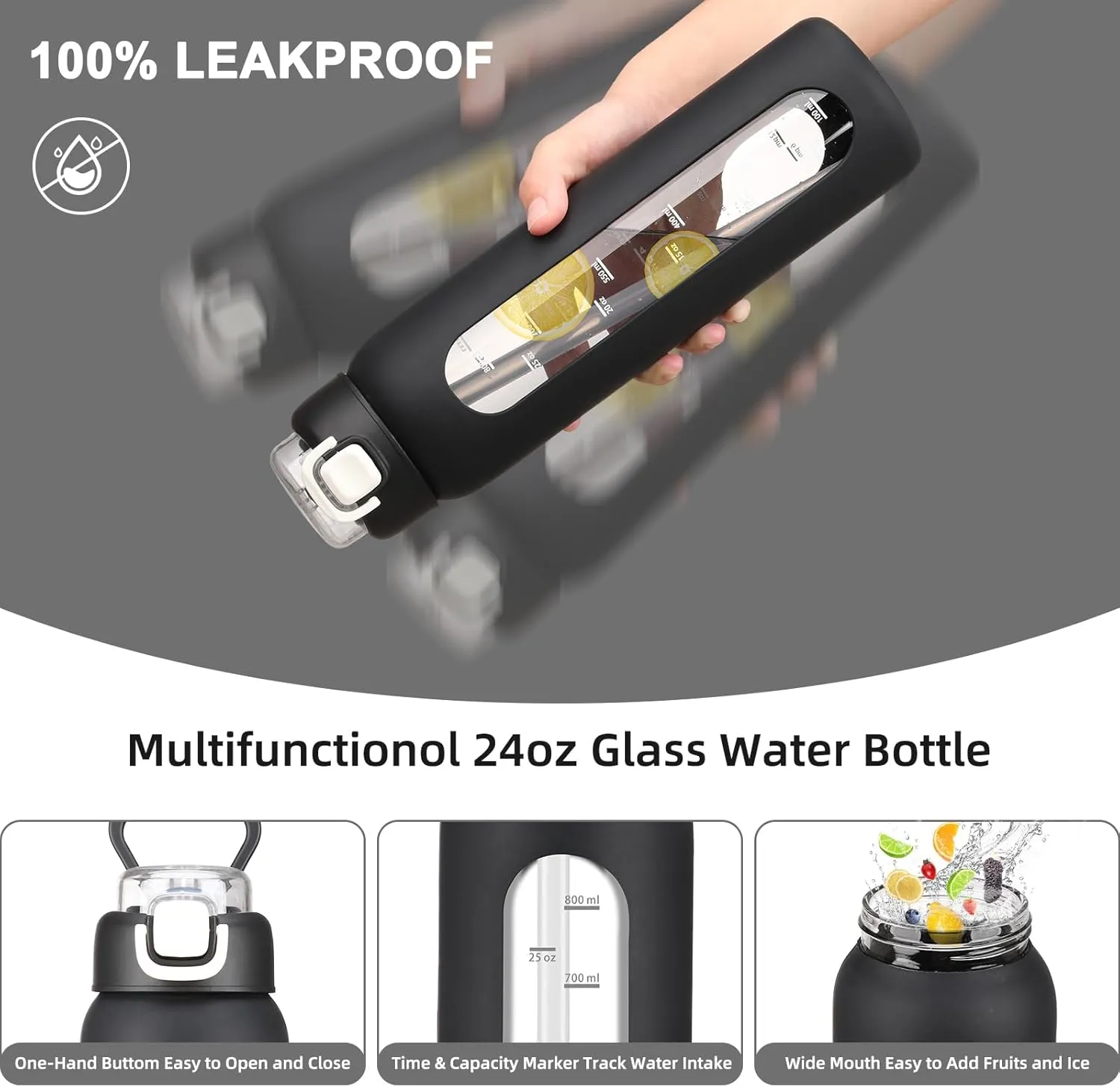 24 oz Glass Water Bottles with 2 Lids-Handle Spout Lid & Straw Lid, Motivational Water Bottle with Time Marker and Silicone Sleeve,Leakproof-Black-1 Pack