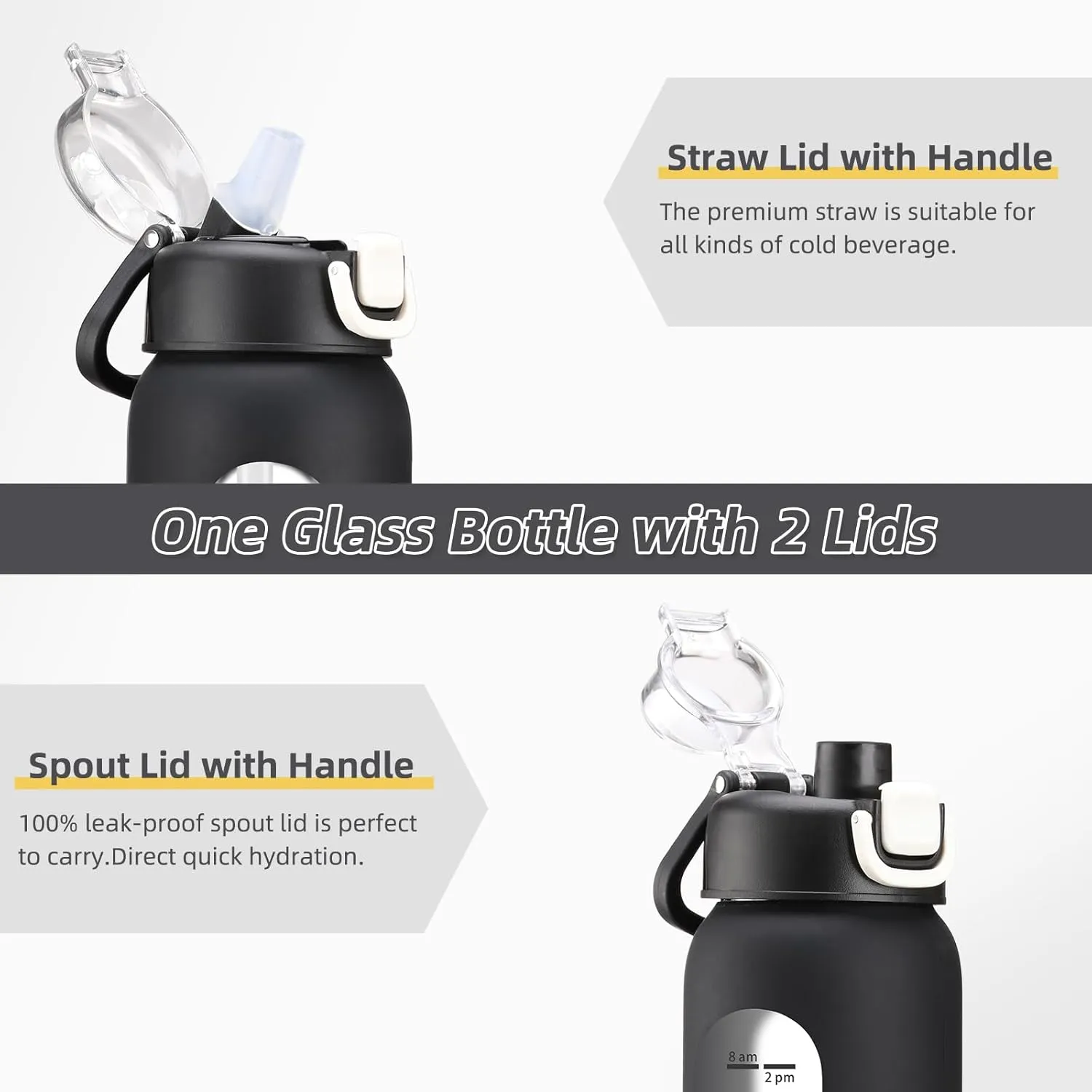 24 oz Glass Water Bottles with 2 Lids-Handle Spout Lid & Straw Lid, Motivational Water Bottle with Time Marker and Silicone Sleeve,Leakproof-Black-1 Pack