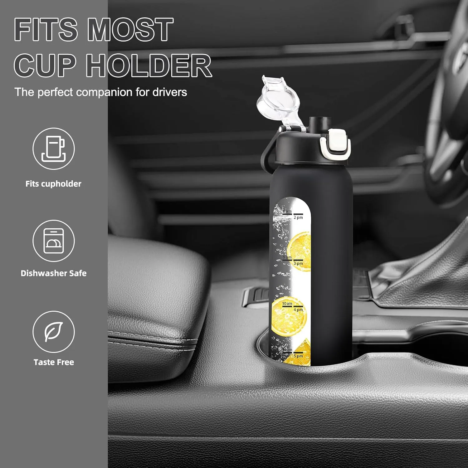 24 oz Glass Water Bottles with 2 Lids-Handle Spout Lid & Straw Lid, Motivational Water Bottle with Time Marker and Silicone Sleeve,Leakproof-Black-1 Pack