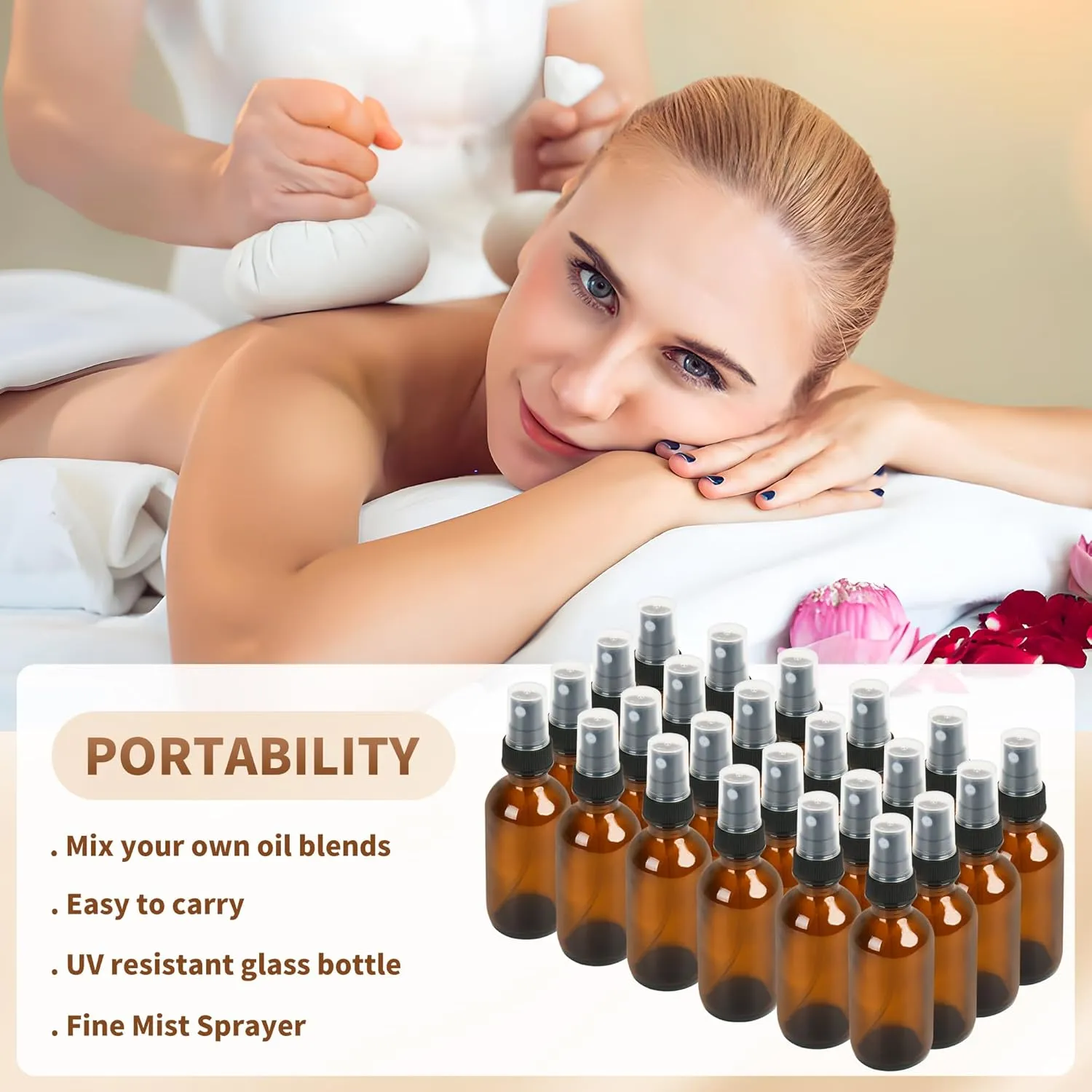 24 Pack 2oz Glass Boston Round Bottle with Fine Mist Sprayer - Amber - Essential Oils, Bath, Beauty, Hair & Cleaning - Leakproof Travel Bottles