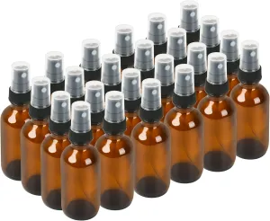 24 Pack 2oz Glass Boston Round Bottle with Fine Mist Sprayer - Amber - Essential Oils, Bath, Beauty, Hair & Cleaning - Leakproof Travel Bottles