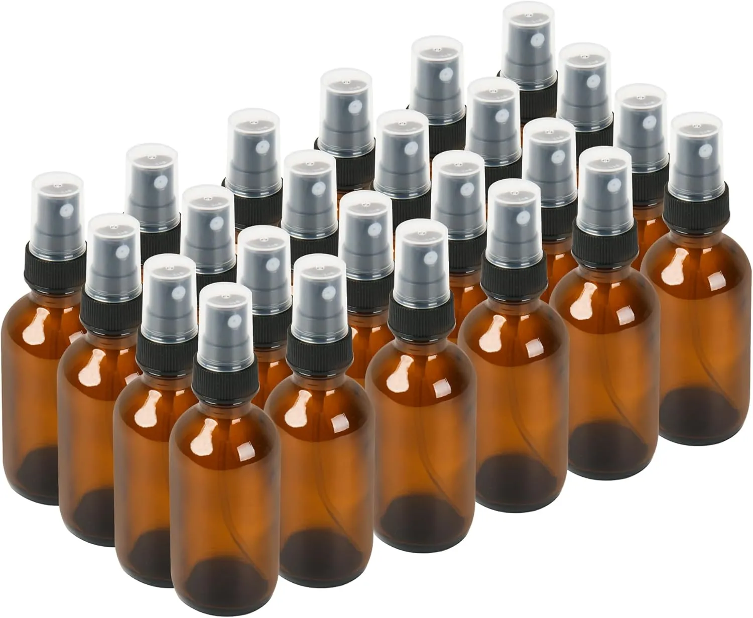 24 Pack 2oz Glass Boston Round Bottle with Fine Mist Sprayer - Amber - Essential Oils, Bath, Beauty, Hair & Cleaning - Leakproof Travel Bottles