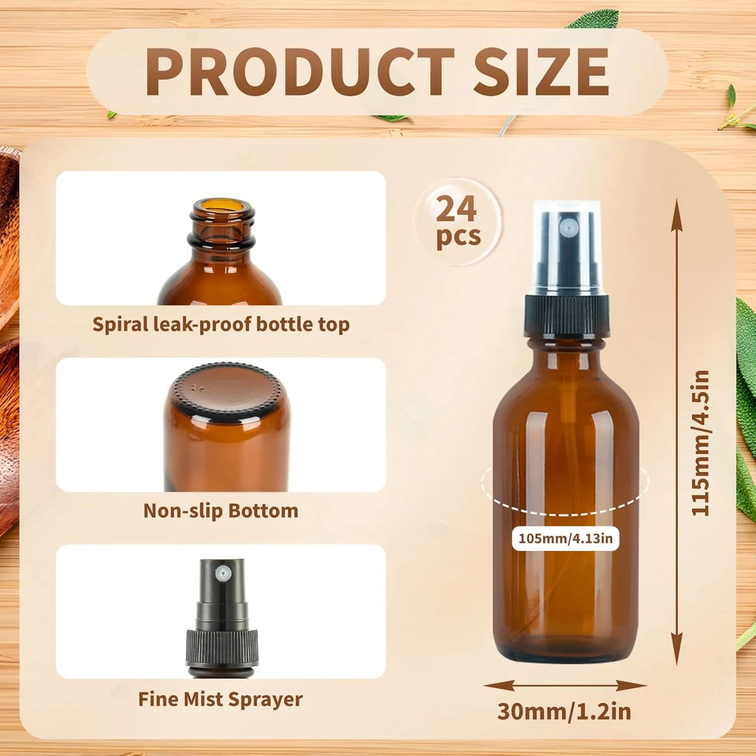 24 Pack 2oz Glass Boston Round Bottle with Fine Mist Sprayer - Amber - Essential Oils, Bath, Beauty, Hair & Cleaning - Leakproof Travel Bottles