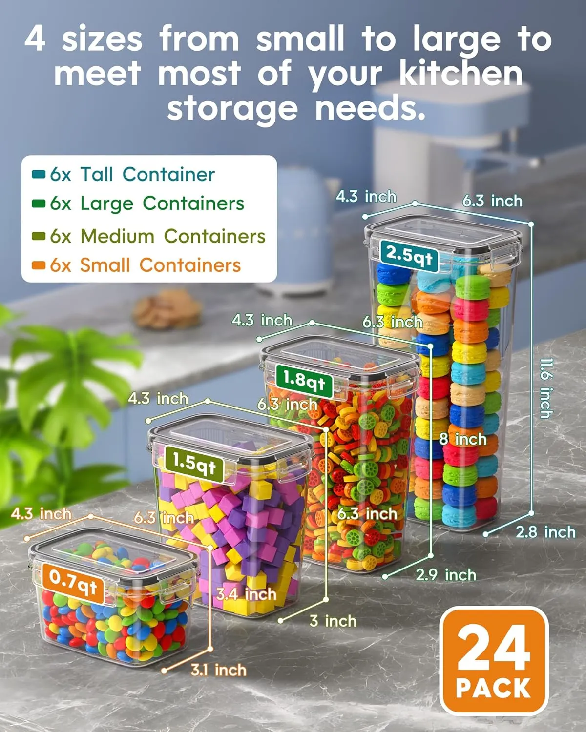 24 PCS Airtight Food Storage Containers with Lids, Kitchen Pantry Organization and Storage, BPA-Free Plastic Scale Food Canisters for Cereal, Flour, Sugar, Dry Food, Include Labels & Marker