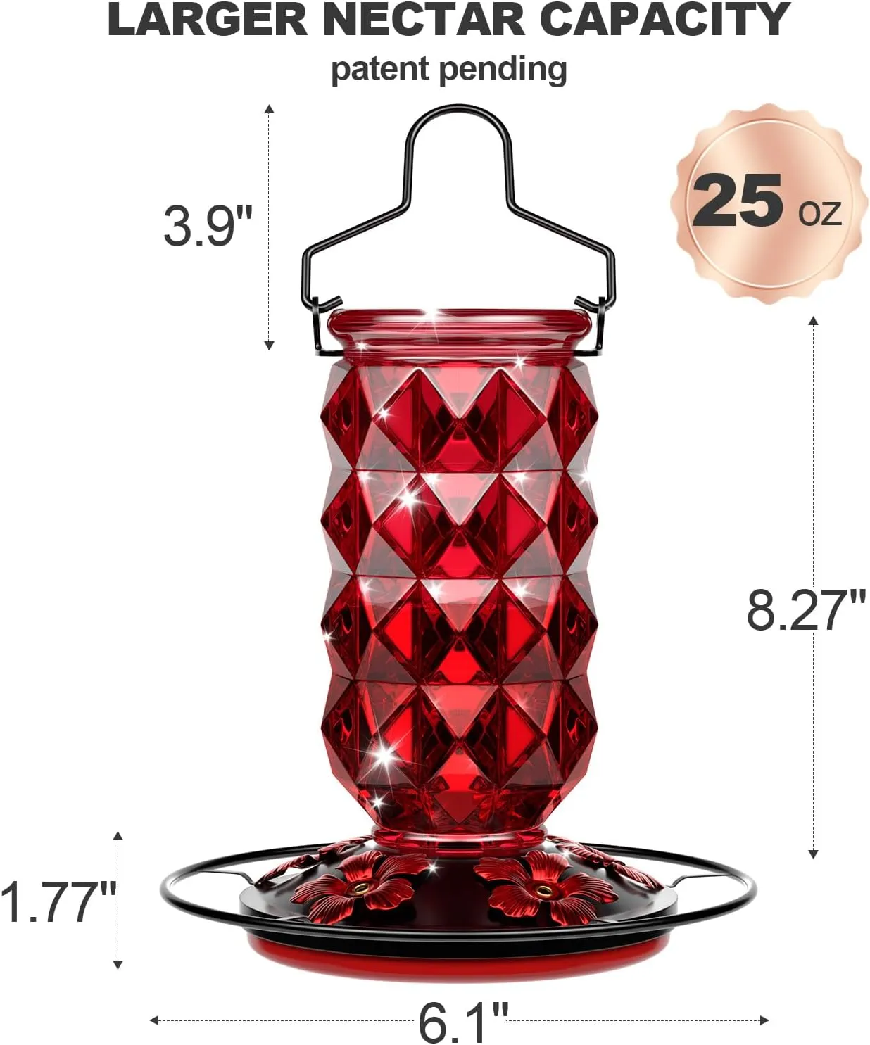 25 Ounces Large Glass Hummingbird Feeders for Outdoors, Wild Bird Nectar Feeder with Perch & 5 Flower Feeding Ports Leak Proof Hanging for Garden Backyard Decor, Gifts for Women Mom, Red