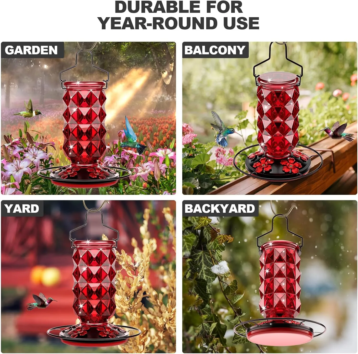 25 Ounces Large Glass Hummingbird Feeders for Outdoors, Wild Bird Nectar Feeder with Perch & 5 Flower Feeding Ports Leak Proof Hanging for Garden Backyard Decor, Gifts for Women Mom, Red