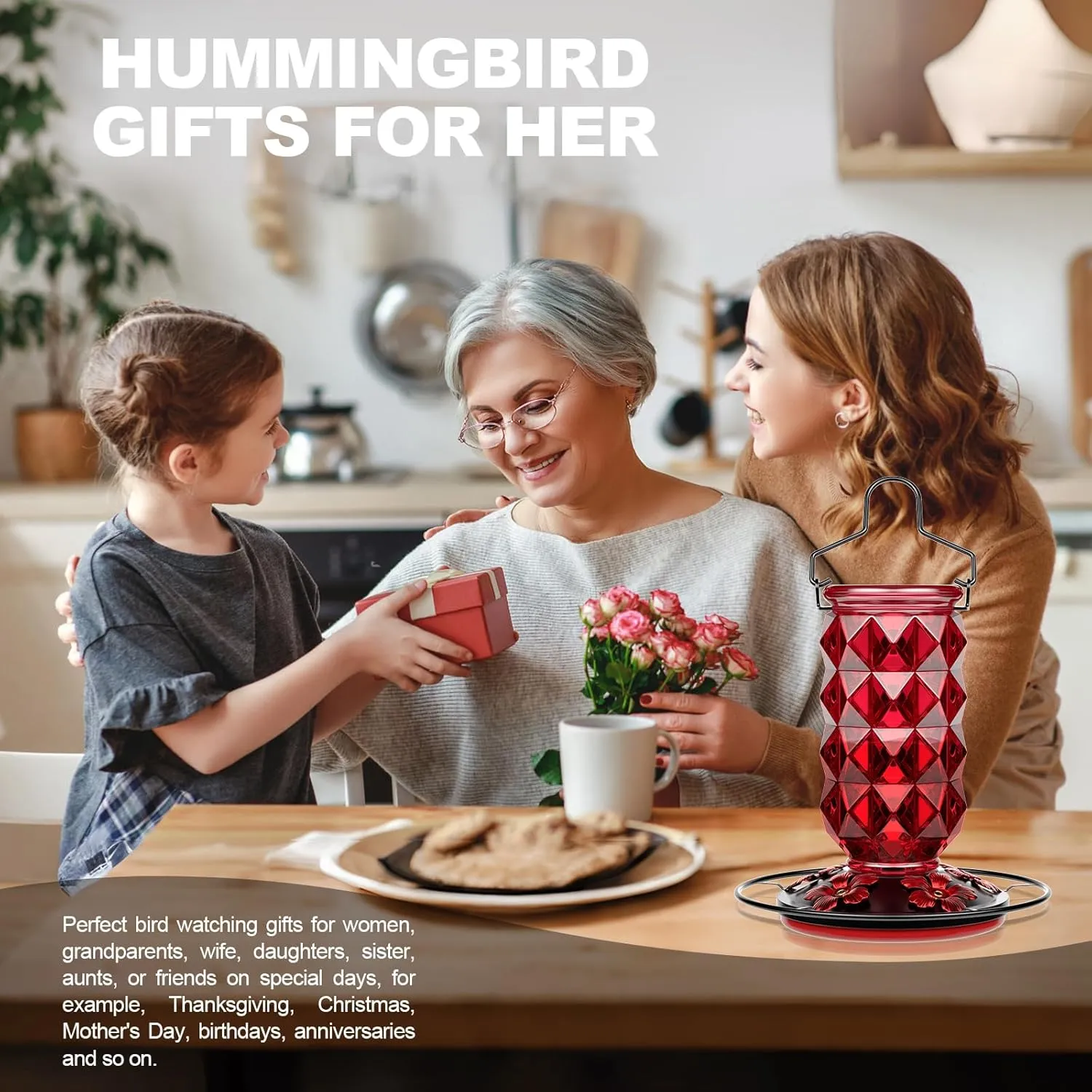 25 Ounces Large Glass Hummingbird Feeders for Outdoors, Wild Bird Nectar Feeder with Perch & 5 Flower Feeding Ports Leak Proof Hanging for Garden Backyard Decor, Gifts for Women Mom, Red