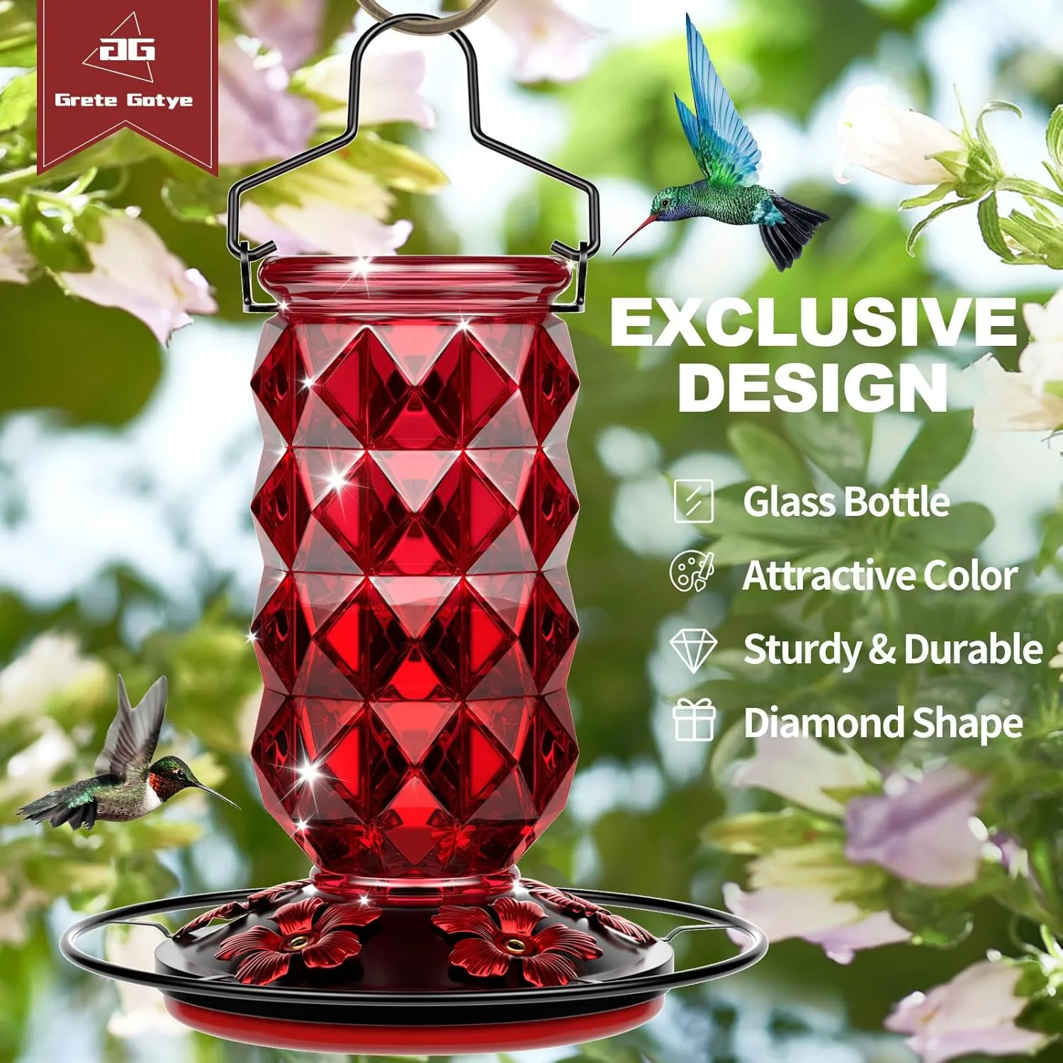 25 Ounces Large Glass Hummingbird Feeders for Outdoors, Wild Bird Nectar Feeder with Perch & 5 Flower Feeding Ports Leak Proof Hanging for Garden Backyard Decor, Gifts for Women Mom, Red