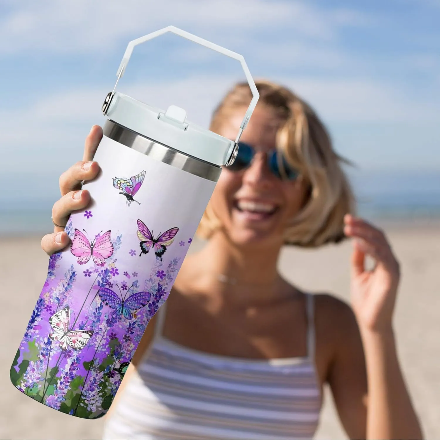 30 Oz Flip Tumbler with Handle Lid and Straw,Purple Butterfly Reusable Tumbler Water Bottle Travel Coffee Cup Mug,Butterfly Gifts for Women Mom Daughter Girlfriend Teenage Girls Bridesmaid