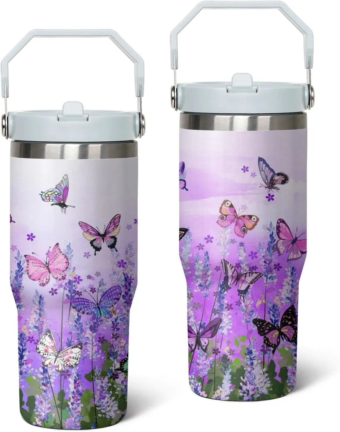 30 Oz Flip Tumbler with Handle Lid and Straw,Purple Butterfly Reusable Tumbler Water Bottle Travel Coffee Cup Mug,Butterfly Gifts for Women Mom Daughter Girlfriend Teenage Girls Bridesmaid