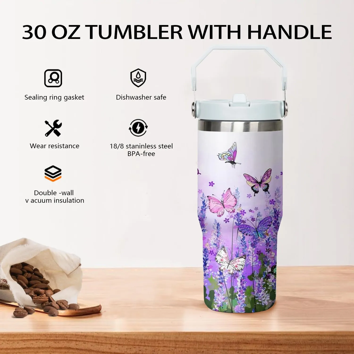 30 Oz Flip Tumbler with Handle Lid and Straw,Purple Butterfly Reusable Tumbler Water Bottle Travel Coffee Cup Mug,Butterfly Gifts for Women Mom Daughter Girlfriend Teenage Girls Bridesmaid