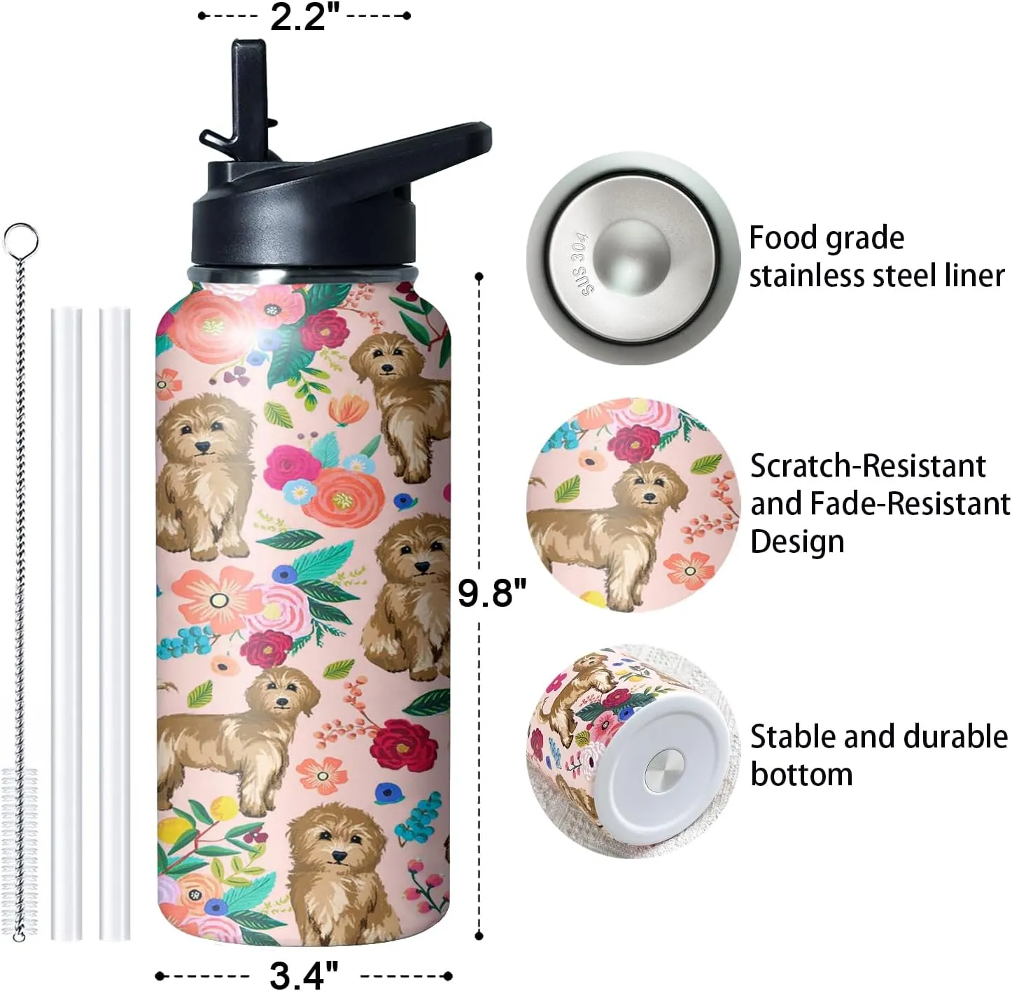 32 oz Goldendoodle Water Bottle Cute Dog Tumbler Goldendoodle Gifts Insulated Water Bottle with Straws and Flip Lid Stainless Steel Dog Travel Cup