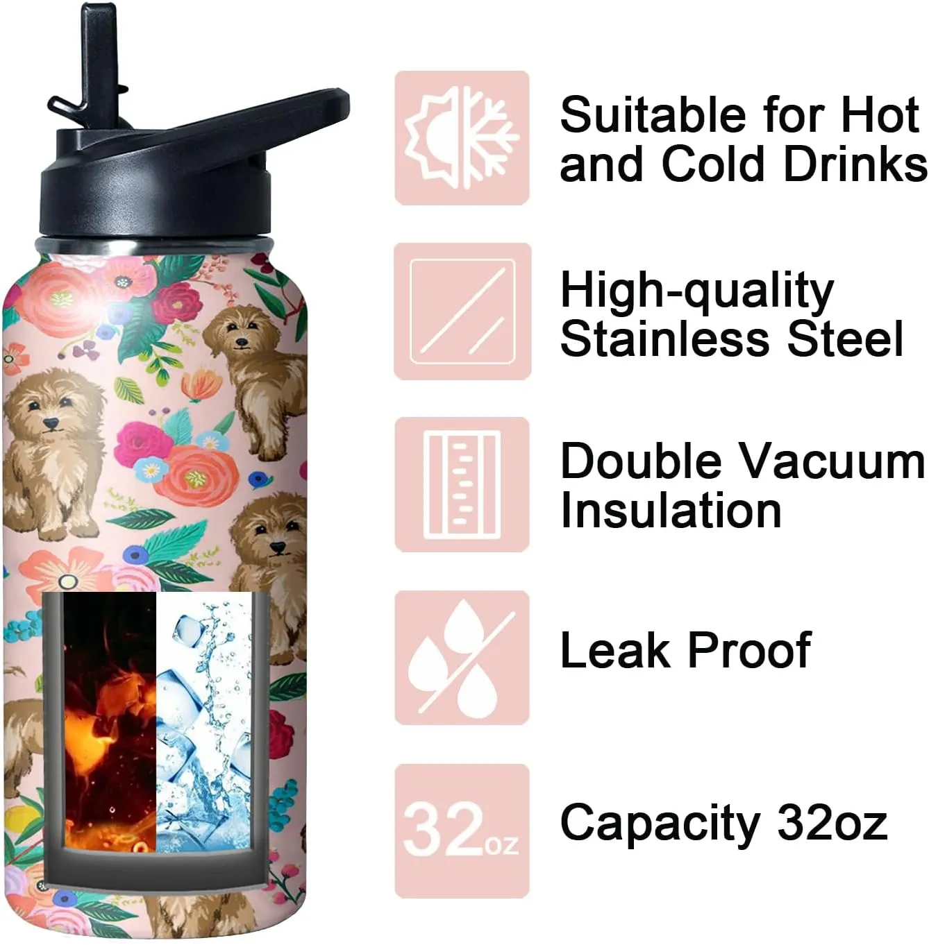 32 oz Goldendoodle Water Bottle Cute Dog Tumbler Goldendoodle Gifts Insulated Water Bottle with Straws and Flip Lid Stainless Steel Dog Travel Cup
