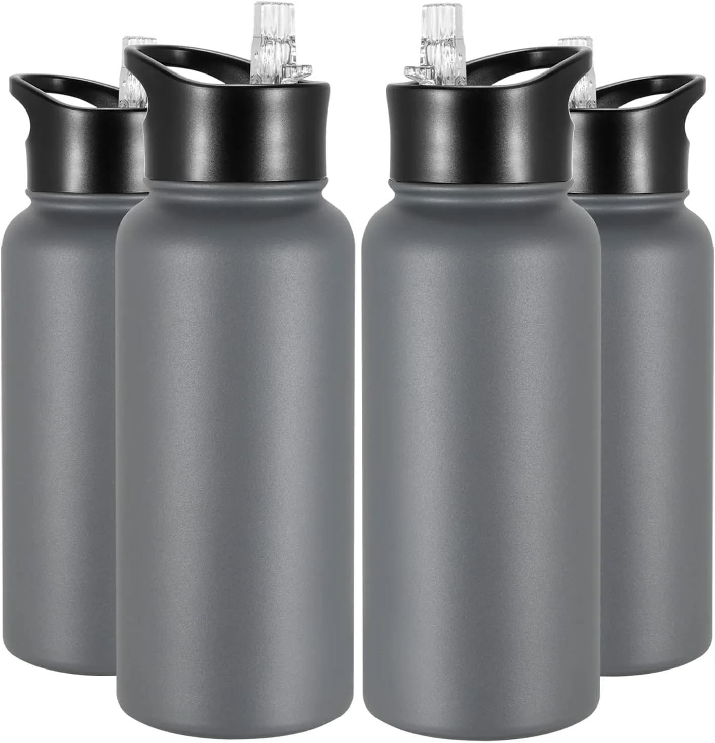 32 oz Insulated Water Bottle Bulk 4 Pack, Stainless Steel Sports Water Bottles with Straw Lid & Wide Mouth Lids, Double Walled Vacuum, Leak Proof, Gray