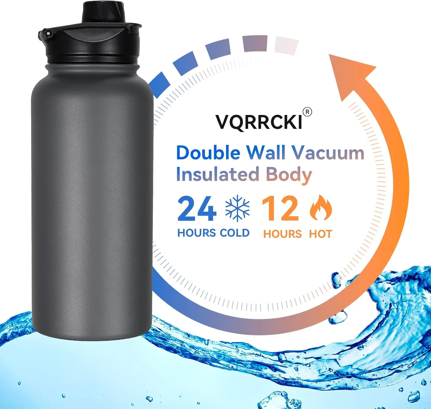 32 oz Insulated Water Bottle Bulk 4 Pack, Stainless Steel Sports Water Bottles with Straw Lid & Wide Mouth Lids, Double Walled Vacuum, Leak Proof, Gray