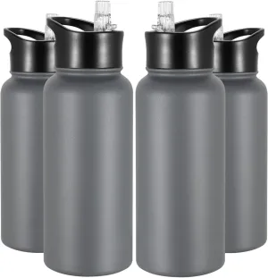 32 oz Insulated Water Bottle Bulk 4 Pack, Stainless Steel Sports Water Bottles with Straw Lid & Wide Mouth Lids, Double Walled Vacuum, Leak Proof, Gray