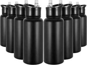 32 oz Insulated Water Bottle Bulk 8 Pack, Stainless Steel Sports Water Bottles with Straw Lid & Wide Mouth Lids, Double Walled Vacuum, Leak Proof, Black
