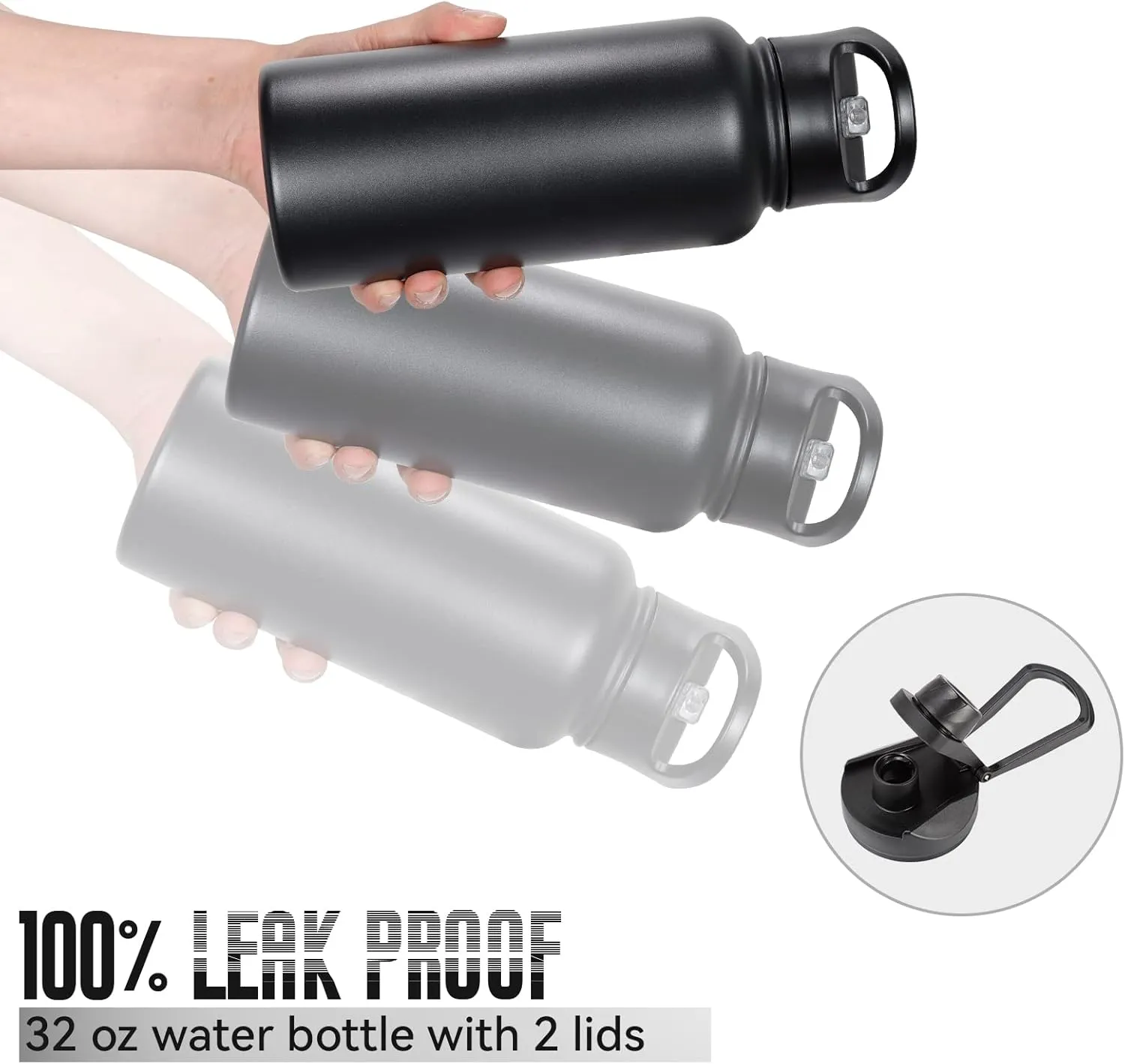 32 oz Insulated Water Bottle Bulk 8 Pack, Stainless Steel Sports Water Bottles with Straw Lid & Wide Mouth Lids, Double Walled Vacuum, Leak Proof, Black
