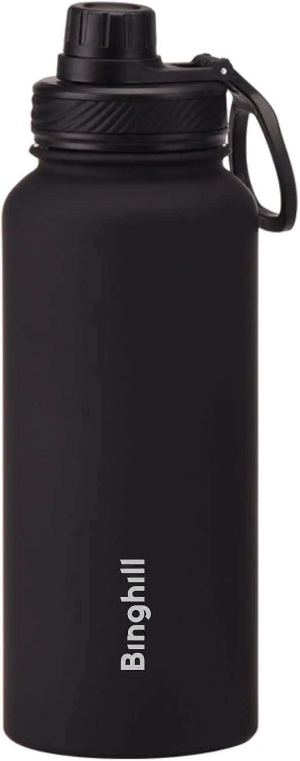 32 oz vacuum insulated stainless steel water bottle with spout lid for cold water drinks, sports, travel, outdoor and school (Black)