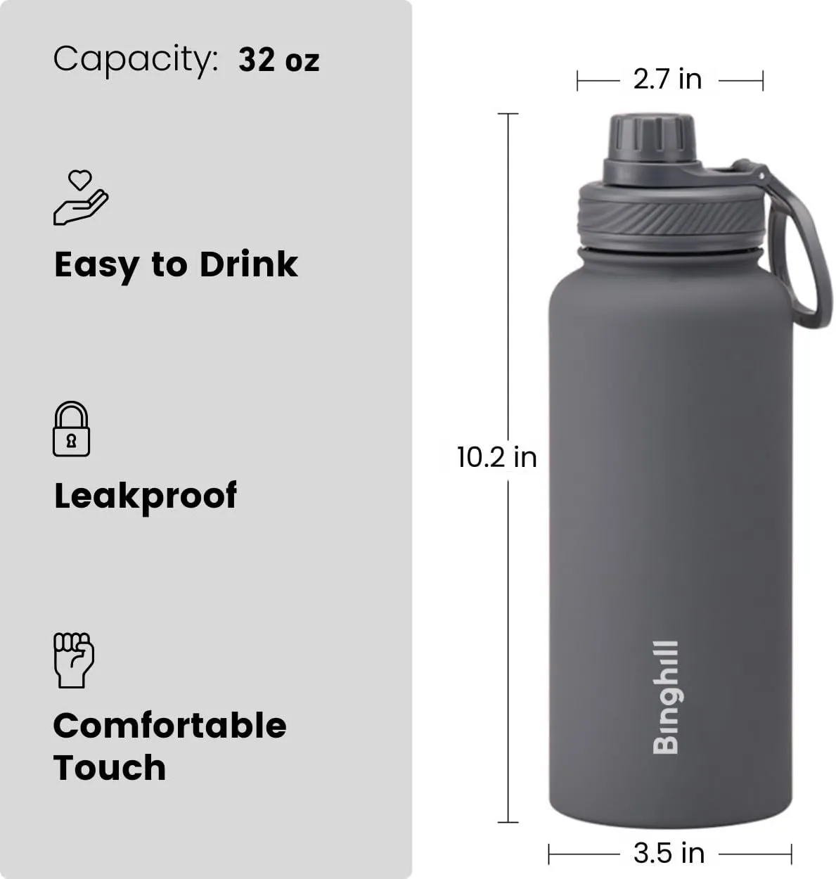 32 oz vacuum insulated stainless steel water bottle with spout lid for cold water drinks, sports, travel, outdoor and school (Black)