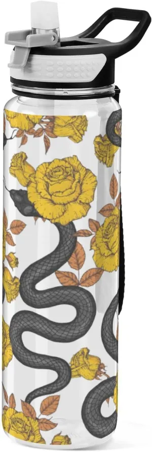 32 oz Water Bottle with Straw Lid Snake Gold Roses Leakproof BPA Free Tritan Water Jug with Carrying Strap for Women Men Autumn Maple Leaves Sports Bottles for Gym Fitness Outdoor