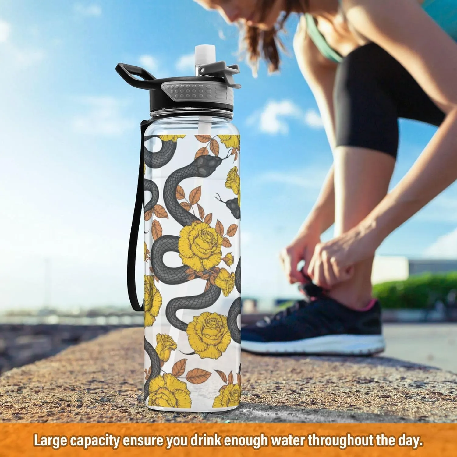 32 oz Water Bottle with Straw Lid Snake Gold Roses Leakproof BPA Free Tritan Water Jug with Carrying Strap for Women Men Autumn Maple Leaves Sports Bottles for Gym Fitness Outdoor