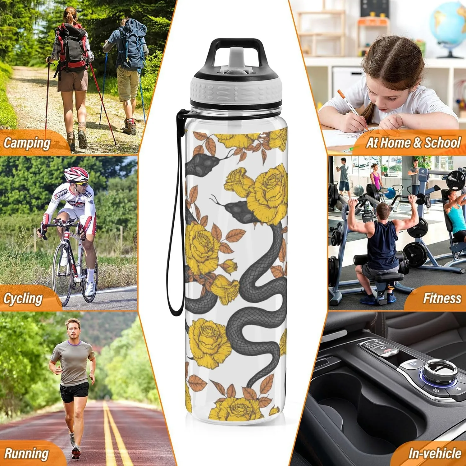 32 oz Water Bottle with Straw Lid Snake Gold Roses Leakproof BPA Free Tritan Water Jug with Carrying Strap for Women Men Autumn Maple Leaves Sports Bottles for Gym Fitness Outdoor
