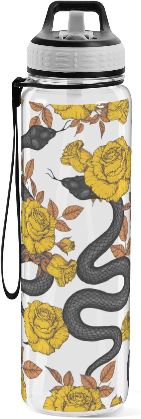 32 oz Water Bottle with Straw Lid Snake Gold Roses Leakproof BPA Free Tritan Water Jug with Carrying Strap for Women Men Autumn Maple Leaves Sports Bottles for Gym Fitness Outdoor