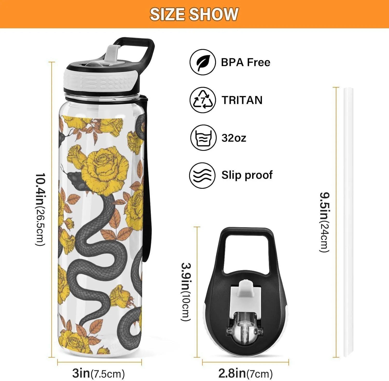 32 oz Water Bottle with Straw Lid Snake Gold Roses Leakproof BPA Free Tritan Water Jug with Carrying Strap for Women Men Autumn Maple Leaves Sports Bottles for Gym Fitness Outdoor
