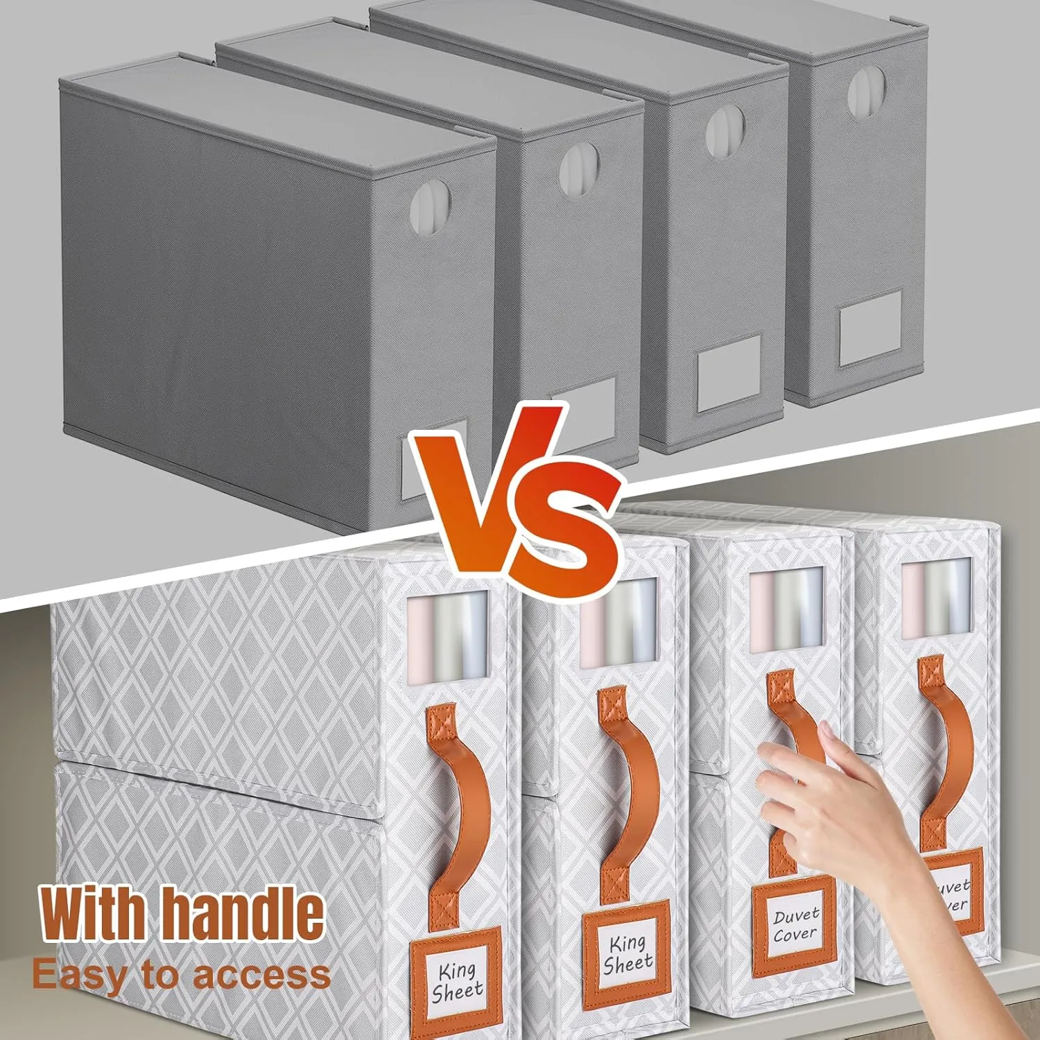4 Pack Bed Sheet Organizers and Storage, (King & Queen Size) Sheet Organizer for Linen Closet, Foldable Bedding Storage Box with Window for Bedsheets, Duvet Cover and Pillowcase