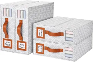 4 Pack Bed Sheet Organizers and Storage, (King & Queen Size) Sheet Organizer for Linen Closet, Foldable Bedding Storage Box with Window for Bedsheets, Duvet Cover and Pillowcase