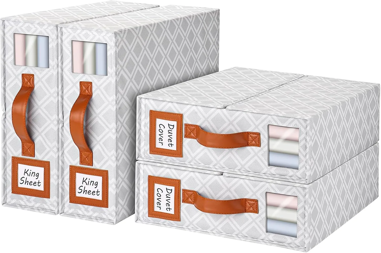 4 Pack Bed Sheet Organizers and Storage, (King & Queen Size) Sheet Organizer for Linen Closet, Foldable Bedding Storage Box with Window for Bedsheets, Duvet Cover and Pillowcase