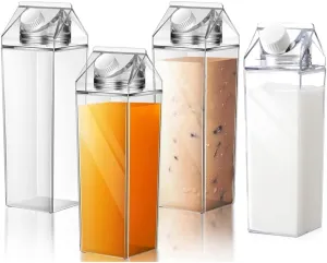 4 Pack Milk Carton Water Bottles 17oz/500ml Leak Proof Plastic Water Bottle Reusable BPA Free Sports Water Bottle Carton Shaped Juice Milk Bottle for Gym Camping Hiking Travel Sports, Dishwasher Safe