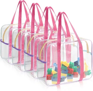 4 Pack Ultra Large Clear Toy Storage Bags, 13.8 x 9.5 x 5.1in Toy Organizer with Zipper & Side Pocket for Board Game, Puzzle, Toy Car, Building Blocks, Small Toys Organization