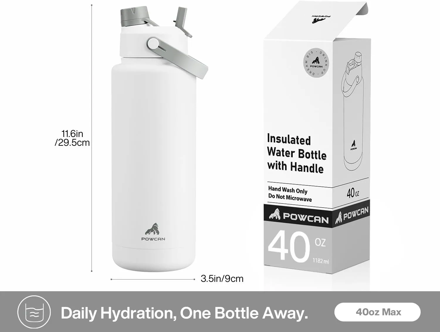 40 oz Insulated Water Bottle with 2-in-1 Straw and Spout Lid, Keep Cold 24H, Leak-Proof, BPA-Free, Double Wall Stainless Steel Water Bottle for Sports, Gym, Travel, and School (Polar)
