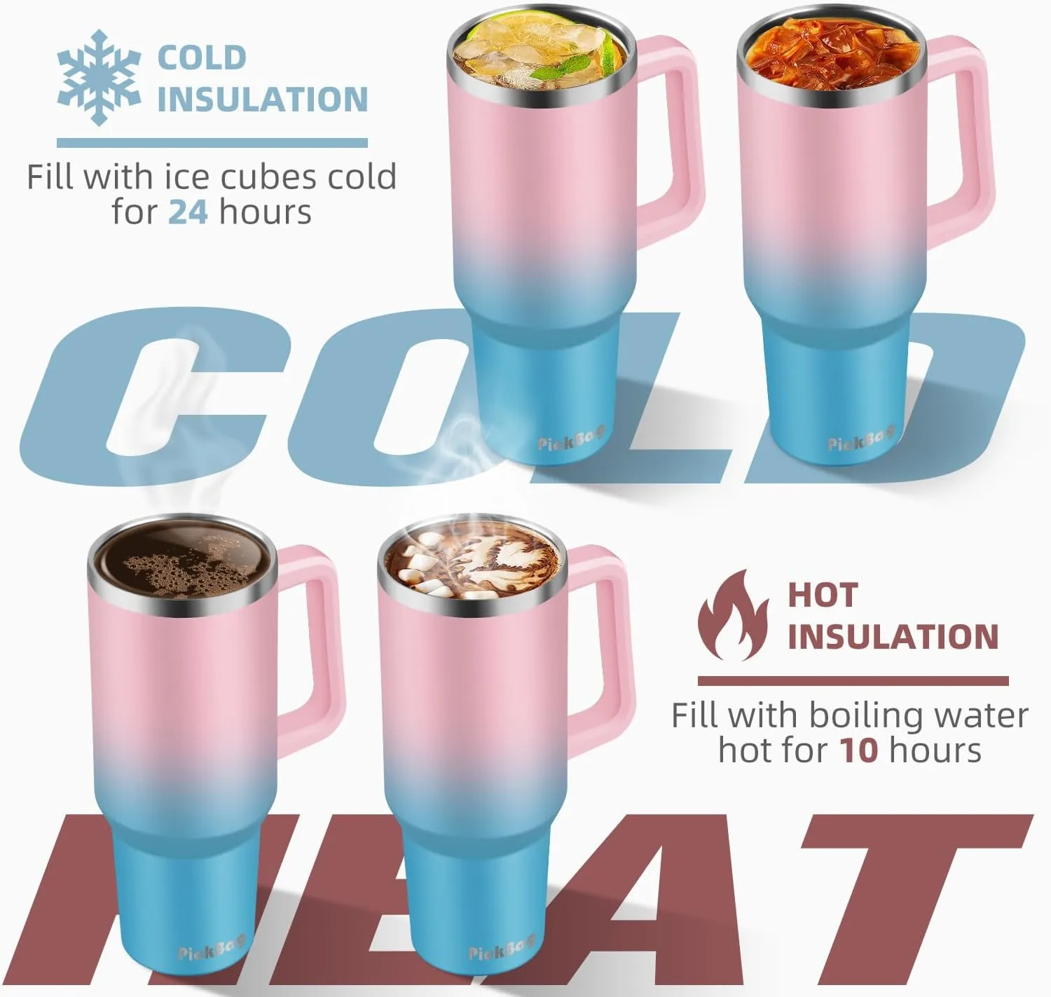 40 oz Tumbler with Handle and Straw, 100% Leak Proof Tumblers Cup, Stainless Steel Insulated Travel Coffee Mug, Keeps Drinks Cold for 24 Hours or Hot for 10 Hours, Fit for Car Cup Holder, PinkBlue