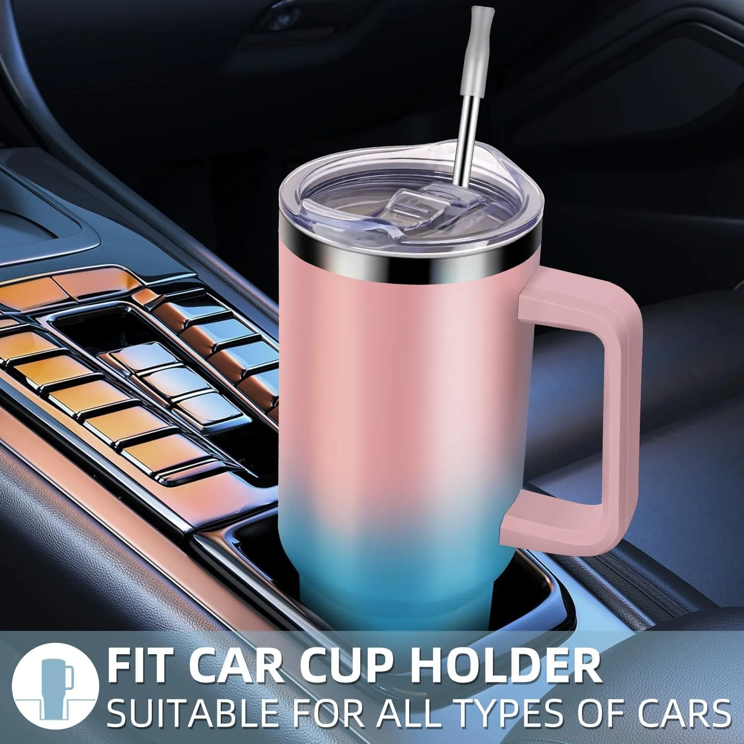40 oz Tumbler with Handle and Straw, 100% Leak Proof Tumblers Cup, Stainless Steel Insulated Travel Coffee Mug, Keeps Drinks Cold for 24 Hours or Hot for 10 Hours, Fit for Car Cup Holder, PinkBlue