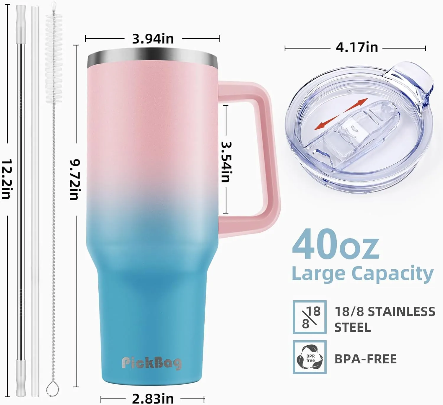 40 oz Tumbler with Handle and Straw, 100% Leak Proof Tumblers Cup, Stainless Steel Insulated Travel Coffee Mug, Keeps Drinks Cold for 24 Hours or Hot for 10 Hours, Fit for Car Cup Holder, PinkBlue