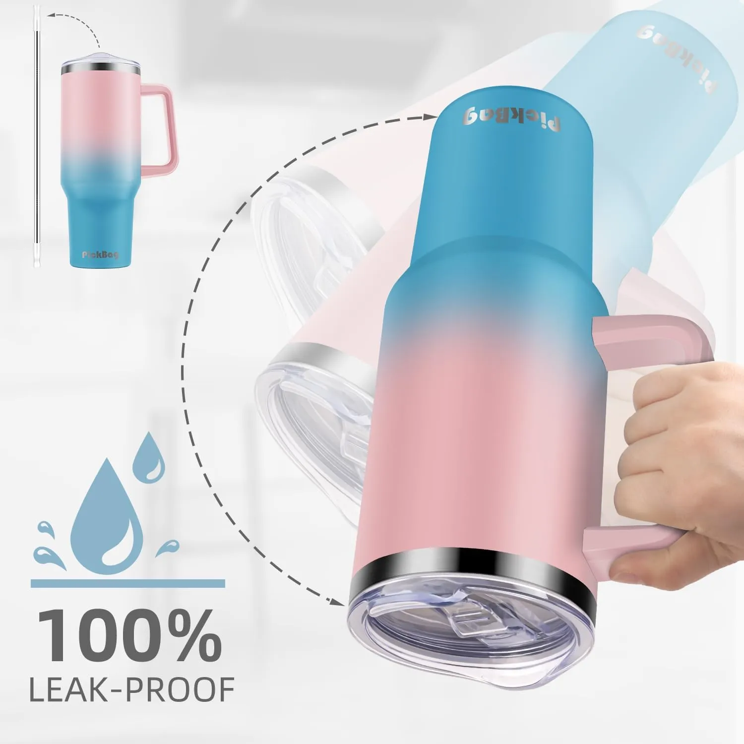 40 oz Tumbler with Handle and Straw, 100% Leak Proof Tumblers Cup, Stainless Steel Insulated Travel Coffee Mug, Keeps Drinks Cold for 24 Hours or Hot for 10 Hours, Fit for Car Cup Holder, PinkBlue