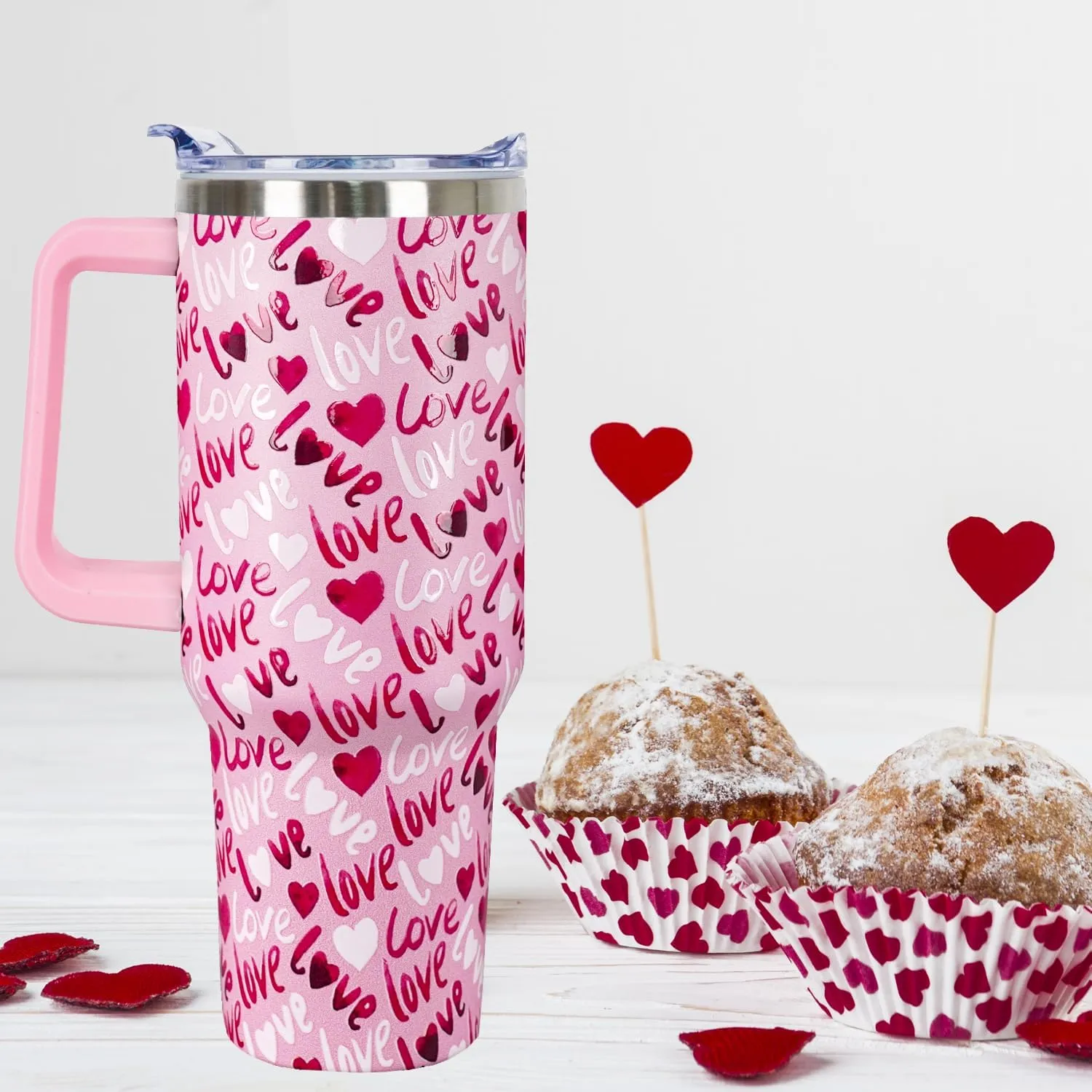 40 Oz Valentines Tumbler 3d-Printed Pink Love Tumbler Gifts for Couple Women Men Insulated Travel Cup with Handle Lid and Straw