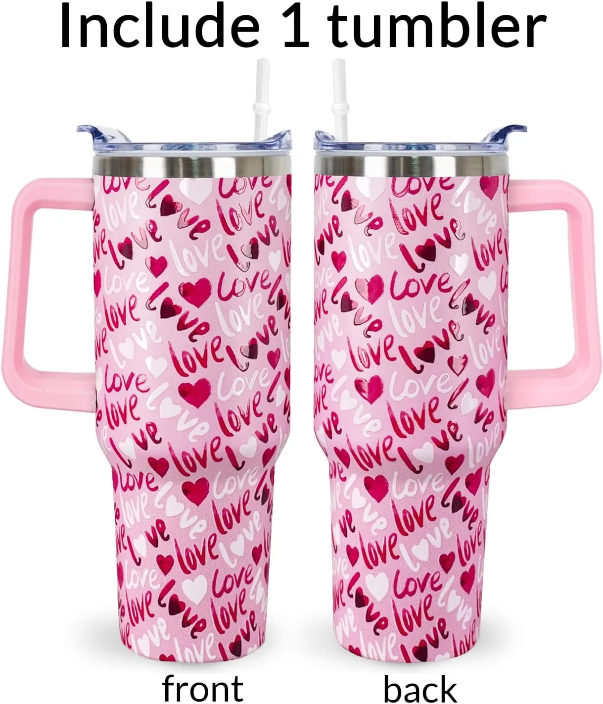 40 Oz Valentines Tumbler 3d-Printed Pink Love Tumbler Gifts for Couple Women Men Insulated Travel Cup with Handle Lid and Straw
