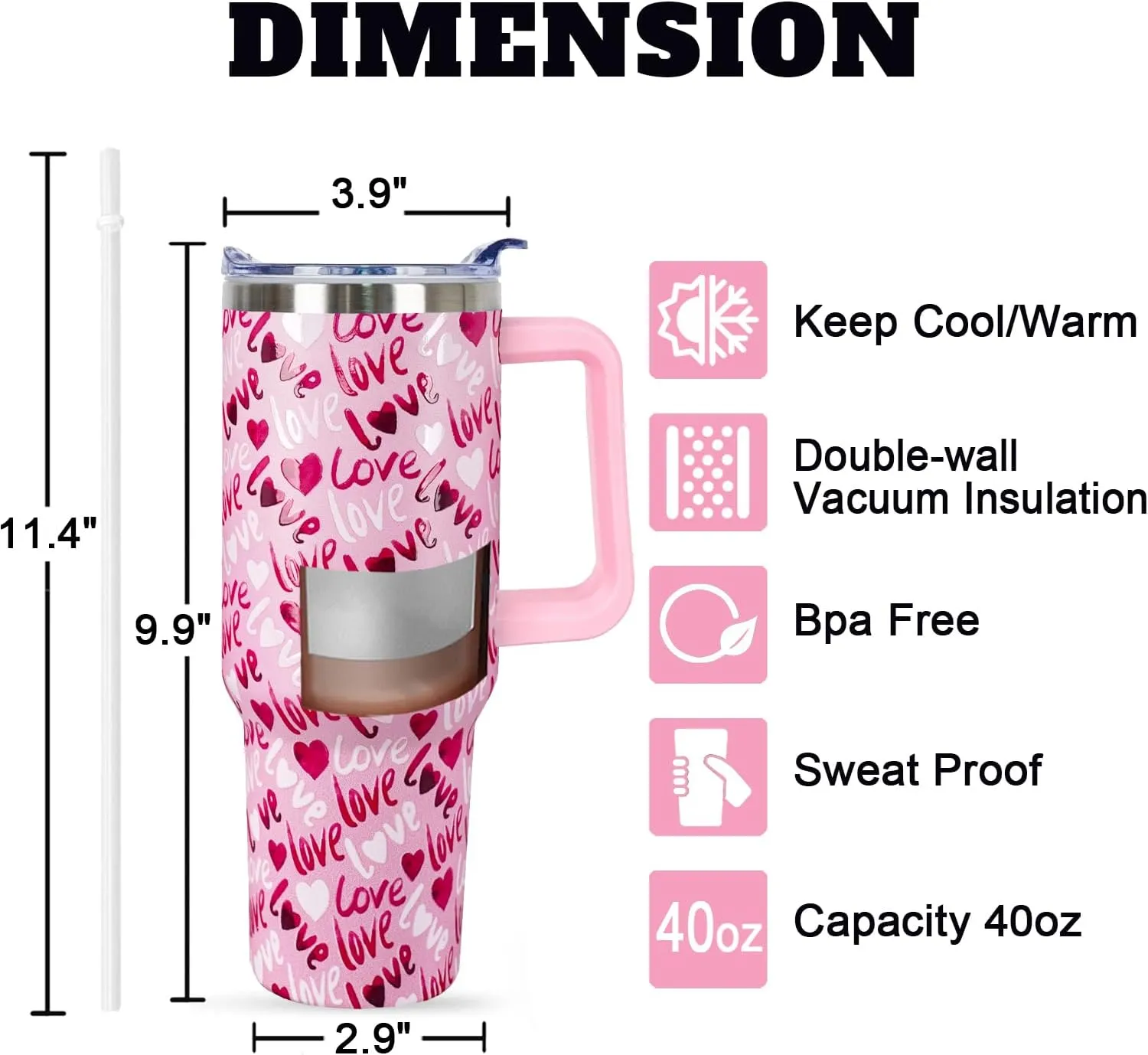 40 Oz Valentines Tumbler 3d-Printed Pink Love Tumbler Gifts for Couple Women Men Insulated Travel Cup with Handle Lid and Straw