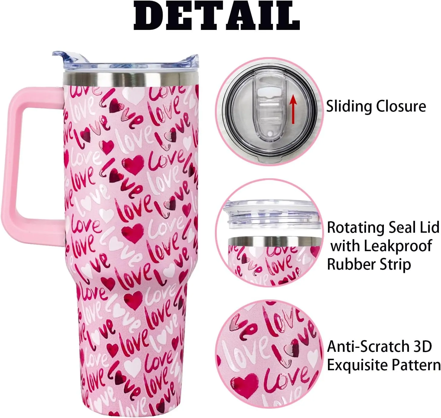 40 Oz Valentines Tumbler 3d-Printed Pink Love Tumbler Gifts for Couple Women Men Insulated Travel Cup with Handle Lid and Straw