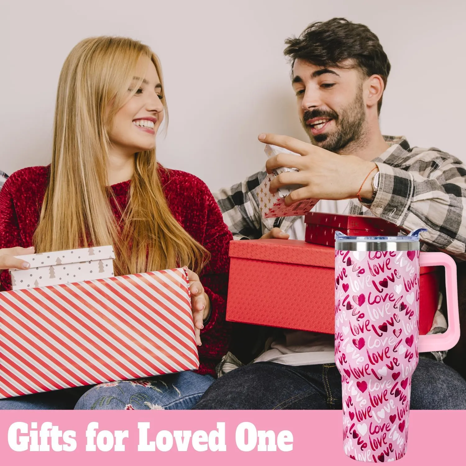 40 Oz Valentines Tumbler 3d-Printed Pink Love Tumbler Gifts for Couple Women Men Insulated Travel Cup with Handle Lid and Straw